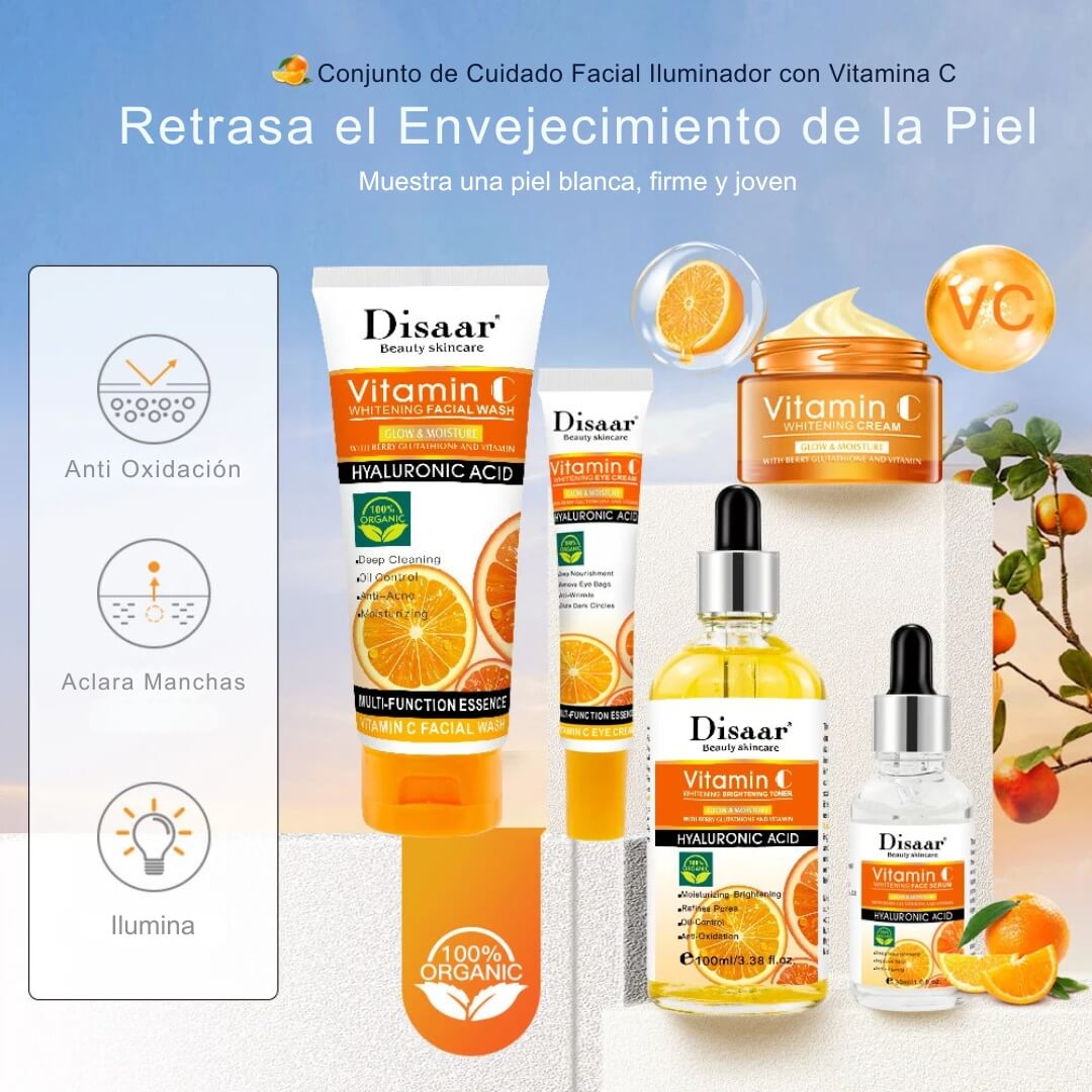 Kit 5 en 1 REJUVENECEDOR FACIAL Aclarante Vitamina C 🍊 (40% Dcto)