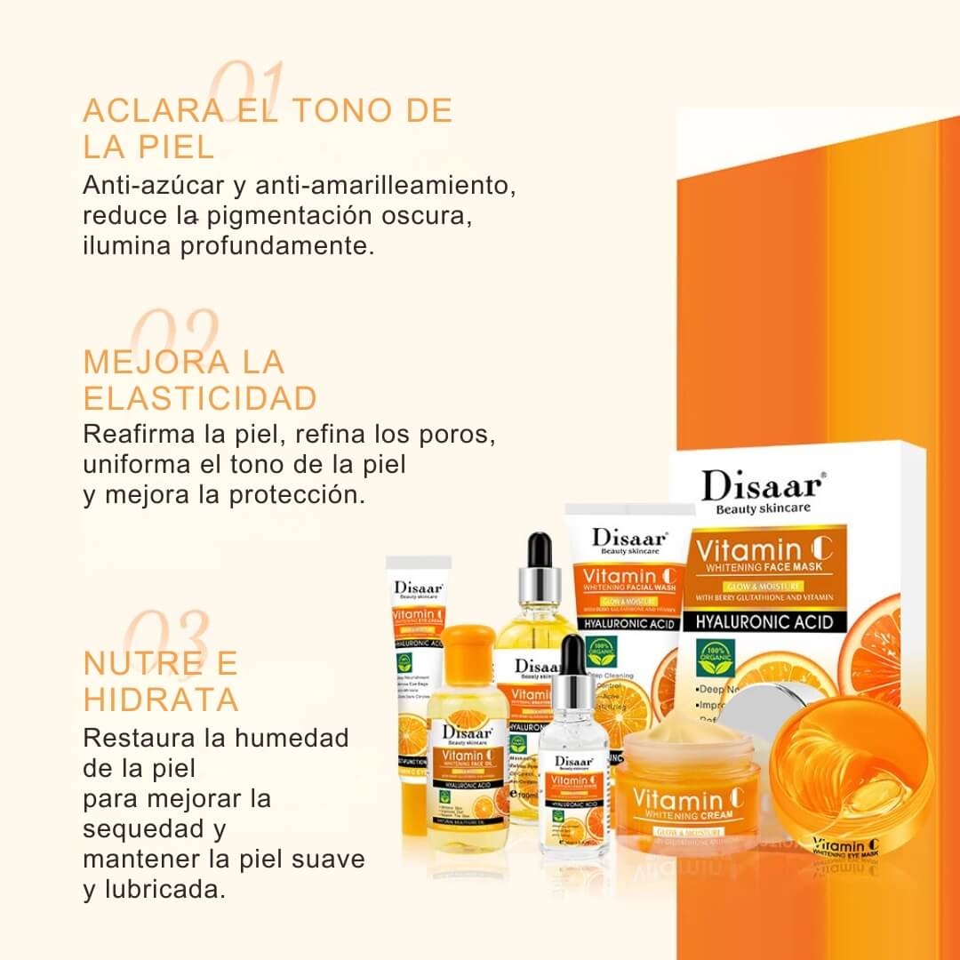 Kit 5 en 1 REJUVENECEDOR FACIAL Aclarante Vitamina C 🍊 (40% Dcto)